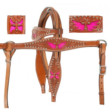 Hot Pink Angel Wing Horse Headstall Reins Breast Collar Tack