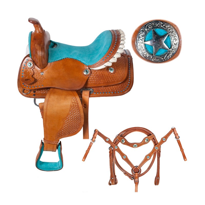 Youth Kids Pony Star Turquoise Seat Saddle 10