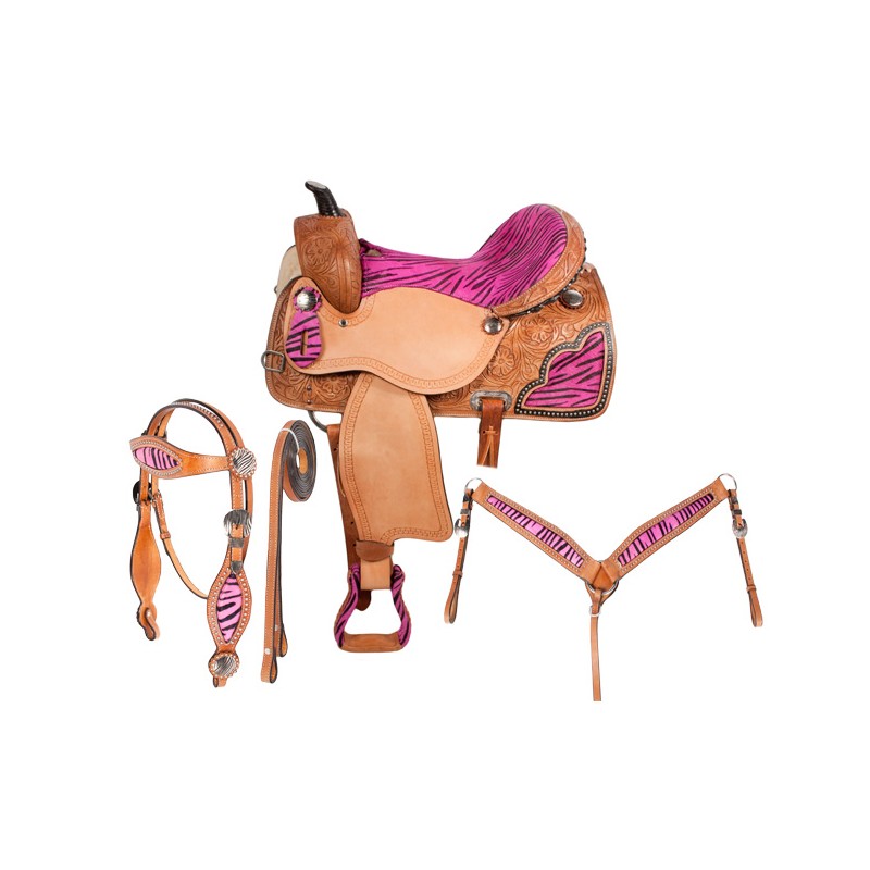 Pink Zebra Barrel Racing Western Horse Saddle Package 16
