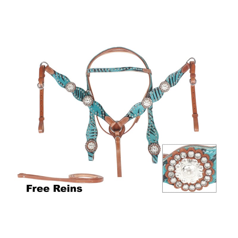 Zebra Western Turquoise Headstall Reins Breast Collar Tack Sale