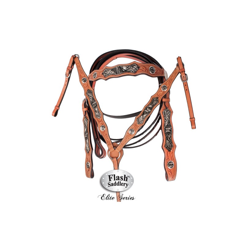Silver Black Inlay Headstall Reins Breast Collar Show Tack Set