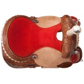 Premium Red Blue Hand Carved Western Barrel Horse Saddle