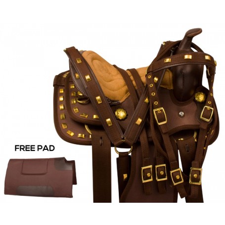 Brown Gold Synthetic Youth Kids Pony Saddle Tack 10