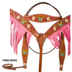 WT1002 Hand Painted Butterfly Floral Pink Western Horse Tack Set