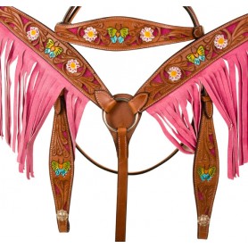 WT1002 Hand Painted Butterfly Floral Pink Western Horse Tack Set