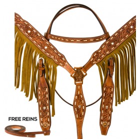 WT1009 Hand Carved Crystal Fringe Breast Collar Western Horse Tack Set