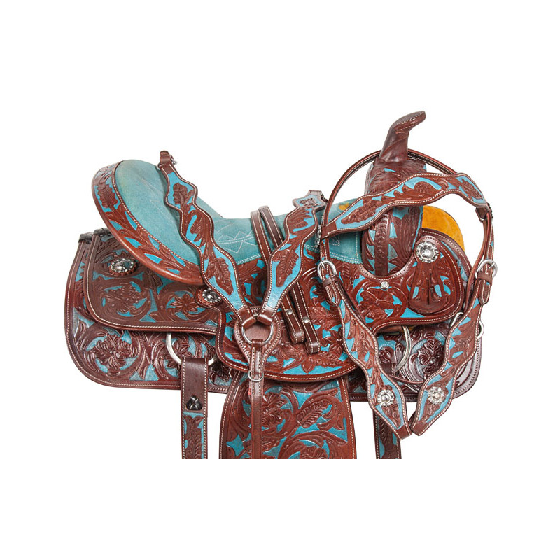 Turquoise Inlay Brown Barrel Horse Western Saddle 14