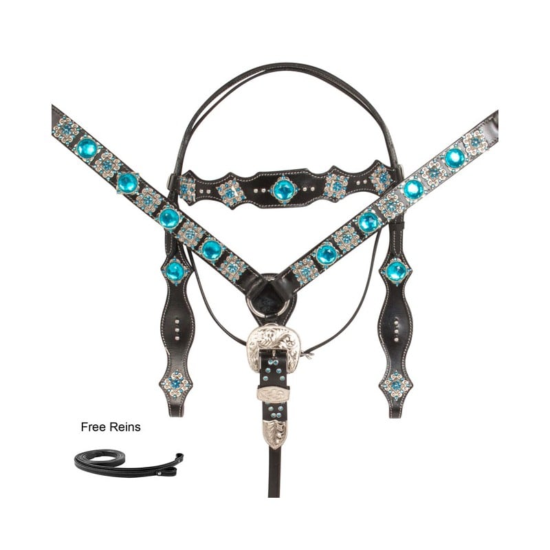 Black Turquoise Blue Silver Buckle Style Western Horse Tack Set