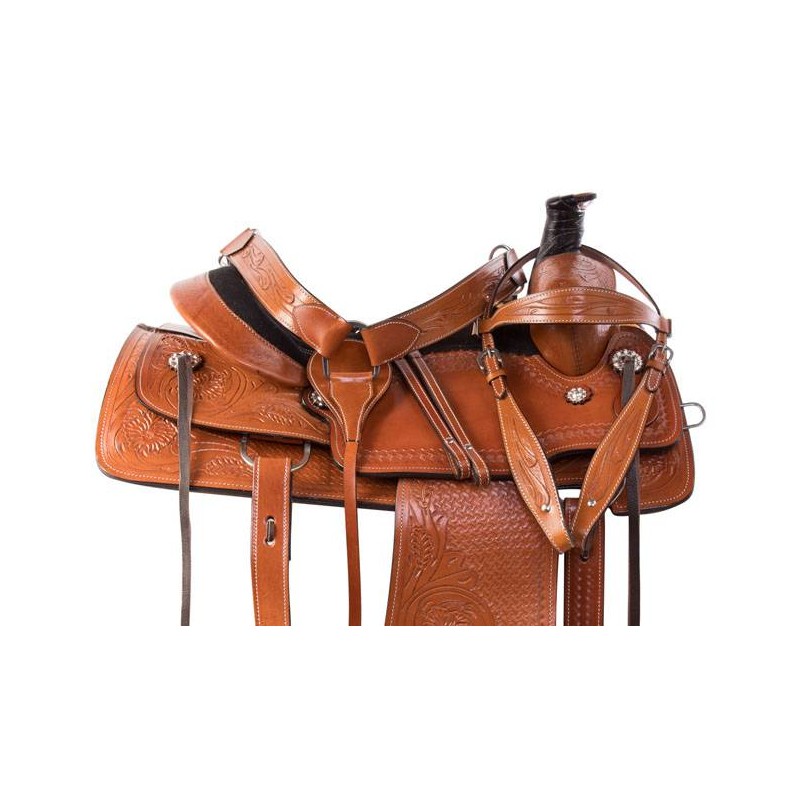Tooled Chestnut Western Leather Roping Ranch Horse Saddle