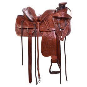 11076 Hard Seat Western Tooled Leather Wade Tree Ranching Roper Horse Saddle Tack Set
