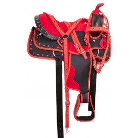 11048 Red Crystal Western Synthetic Barrel Racer Trail Horse Saddle Tack Set