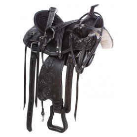 110930 Western Pleasure Trail Riding Black Leather Tooled Horse Saddle Tack Set