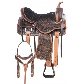 110820 Classic Western Antique Leather Hand Tooled Pleasure Trail Horse Saddle Tack Set