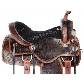 111024 Antique Oil Western Tooled Pleasure Trail Leather Horse Saddle Tack 15 18