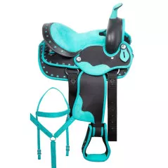 110874 Turquoise Western Crystal Show Youth Kids Seat Full Horse Size Saddle Set