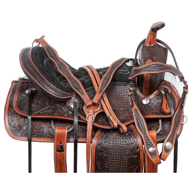 Premium Leather Tooled Western Pleasure Trail Ranch Antique Oil Horse Saddle Tack Set
