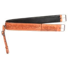 BC060 Tan Hand Carved Back Cinch Western Horse Saddle Black Hand Carved Leather Bucking Strap