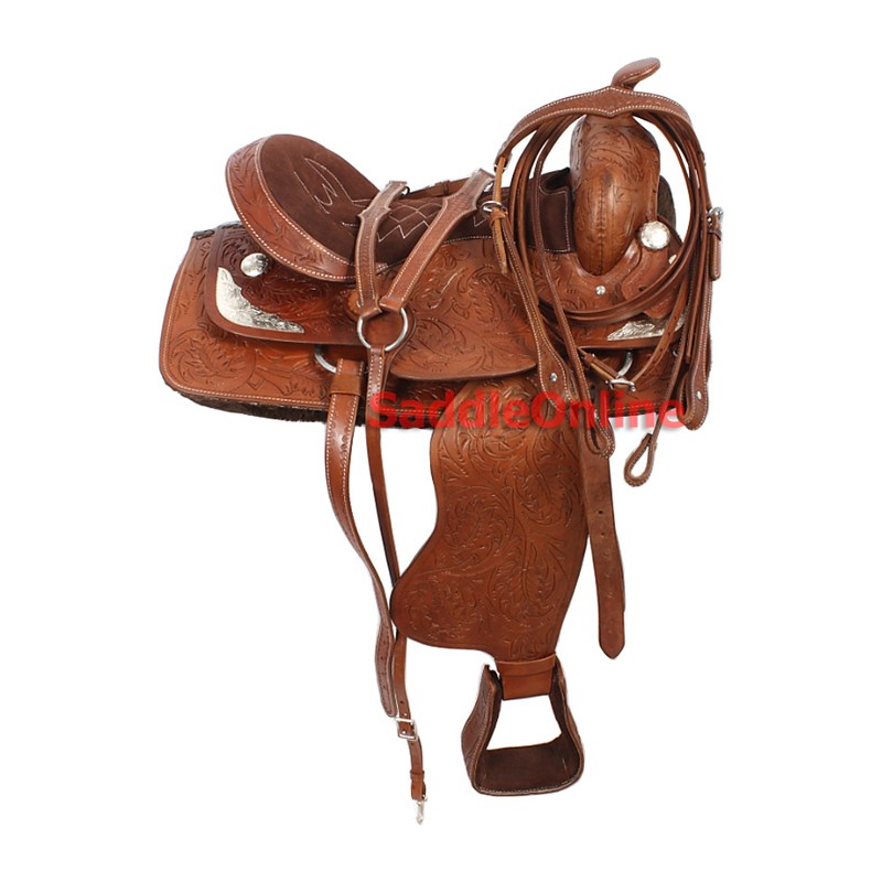 16 Tooled Brown Western Saddle Tack Package Silver