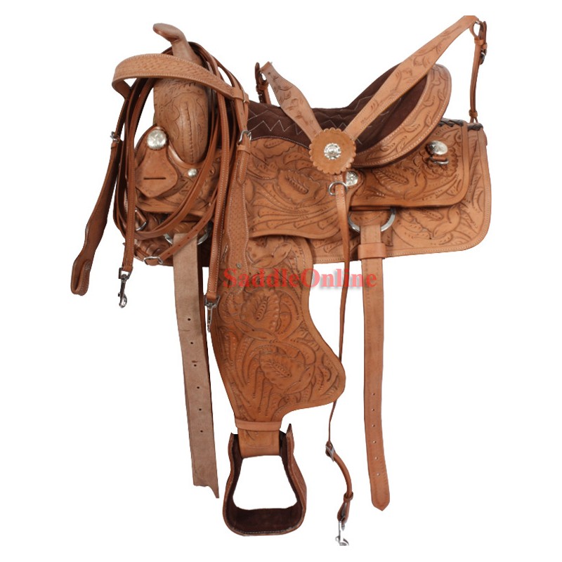 Leather Western Tooled Trail Horse Saddle Tack 15-18