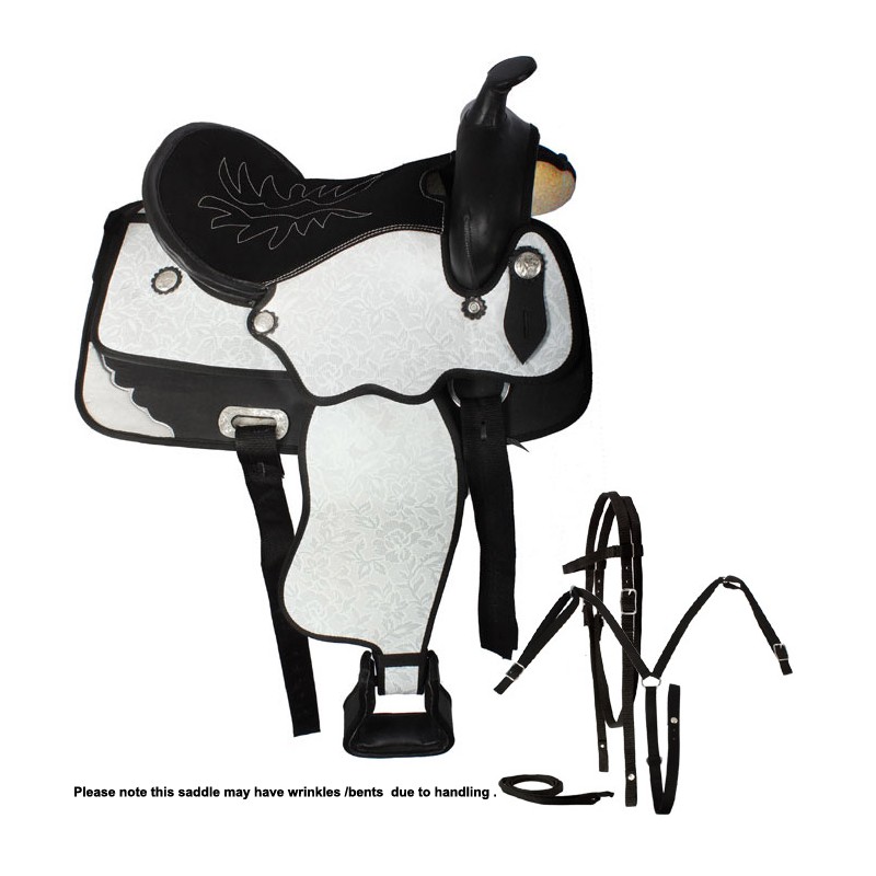 15-17 Black White Synthetic Western Trail Horse Saddle Tack
