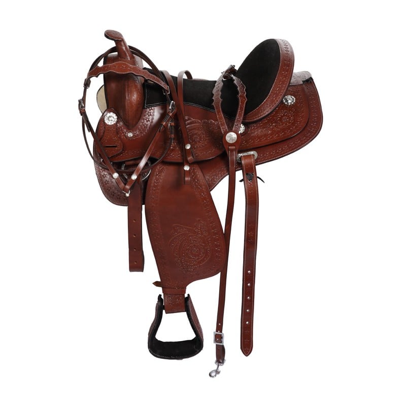 Brown Arabian Tooled Western Trail Horse Saddle Tack 16-17
