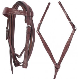 Brown Leather Headstall Reins Breast Plate Tack Set