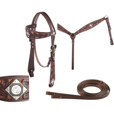 Hand Carved Leather Headstall Reins Breast Collar Tack Set