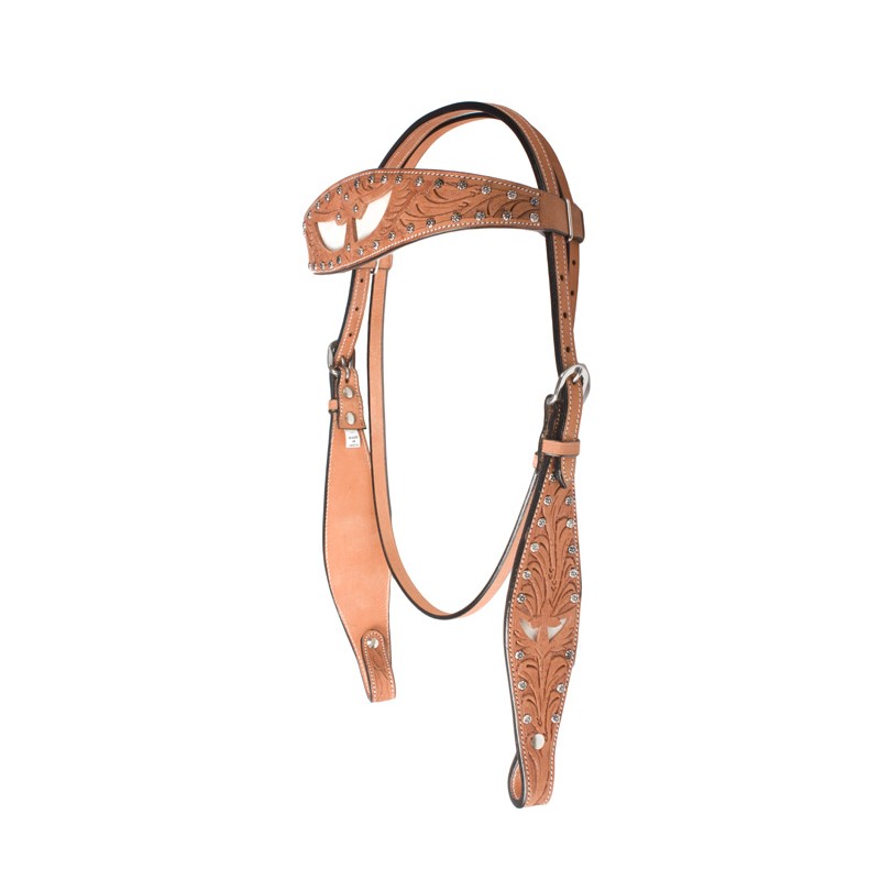Medium Oil Hand Carved Show Headstall with White Angel Wings