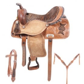 Leather Rough Out Tiger Print Barrel Racing Saddle Size 17