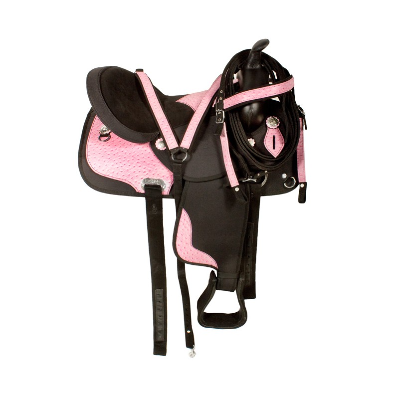 Black Pink Ostrich Synthetic Western Horse Saddle 15 17